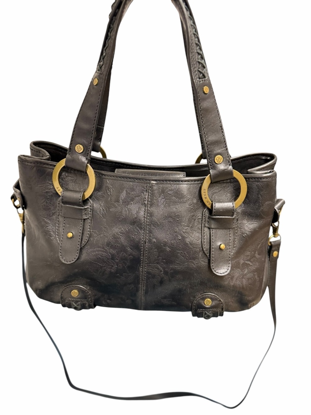 Eileen West Black Leather Satchel Handbag Floral Embossed
